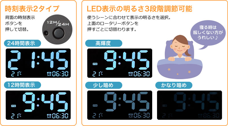 時刻表示2タイプ LED表示の明るさ3段階調節可能
