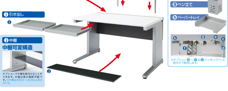 スペースの有効活用にペン立て、ペーパートレイ、引き出し、中棚