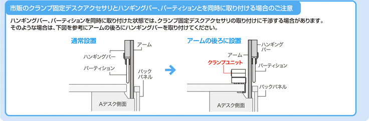 市販のクランプ固定デスクアクセサリとハンギングバー、パーティションと同時に取り付ける場合のご注意