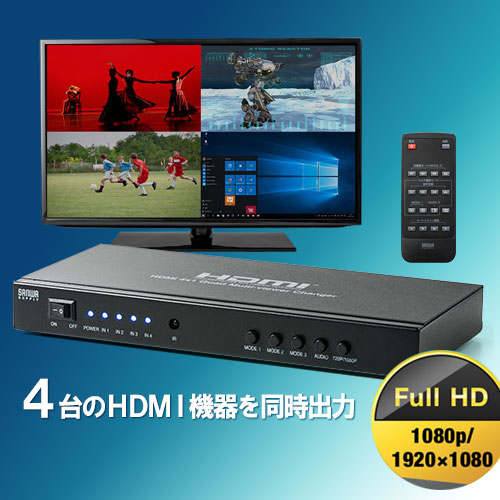 HDMI画面分割切替器(4画面分割・マルチビューワー・フルHD対応・4入力・1出力・オートスキャン機能搭載・リモコン・ACアダプタ付属）