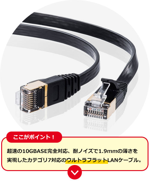 10GBASE完全対応。耐ノイズで1.9mmの薄さを実現したカテゴリ7対応のウルトラフラットLANケーブル。0.5m・ブラック。10GBASE-T、1000BASE-TX、1000BASE-T対応。