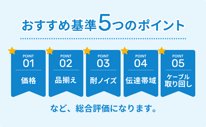 おすすめ基準5つのポイント　価格、品揃え、耐ノイズ、伝達帯域、ケーブル取り回し、など総合評価になります。