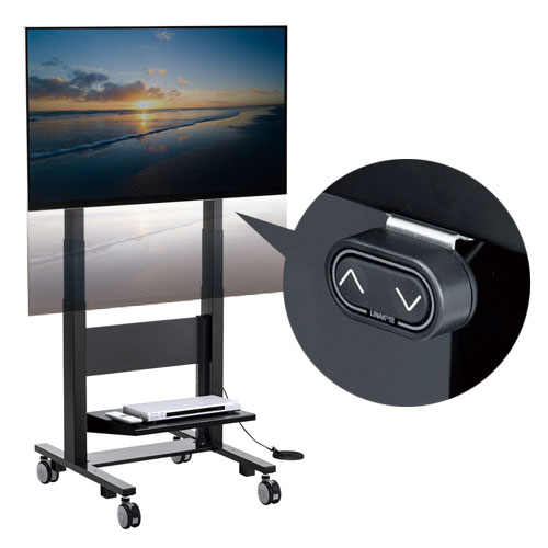 スイッチを押すことで上下昇降できる大型テレビ対応のスタンドです。テレビを取り外さなくても簡単に昇降できるので大変便利です。画面サイズは60～84型まで、重さは60㎏までの大型テレビに対応しています。キャスター付きで移動が楽にできます。 