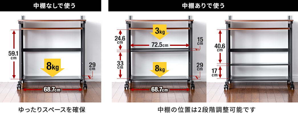 中棚なしで使う 中棚ありで使う