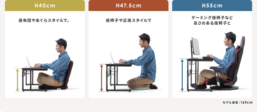 H40cm 座布団やあぐらスタイルで H47.5cm 座椅子や正座スタイルで H55cm ゲーミング座椅子など高さのある座椅子と