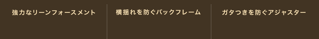 強力なリーンフォースメント 横揺れを防ぐバックフレーム ガタつきを防ぐアジャスター