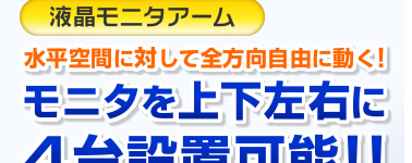 水平空間に対して全方向自由に動く　モニタを上下左右に4台設置可能