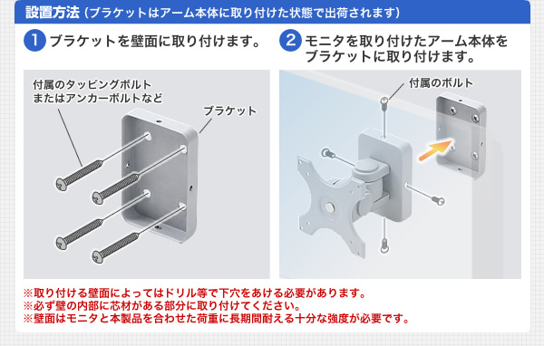 設置方法（ブランケットはアーム本体に取り付けた状態で出荷されます）