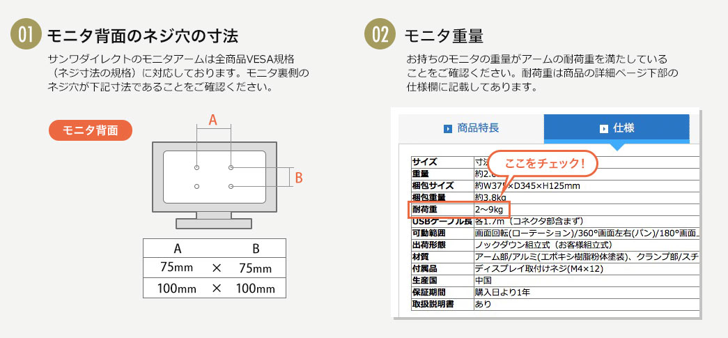 モニタ背面のネジ穴の寸法 モニタ重量