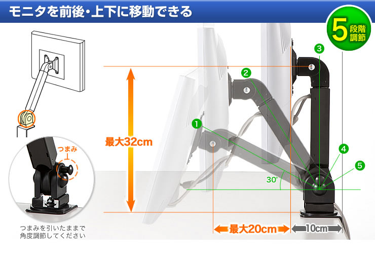 モニタを前後・上下に移動できる