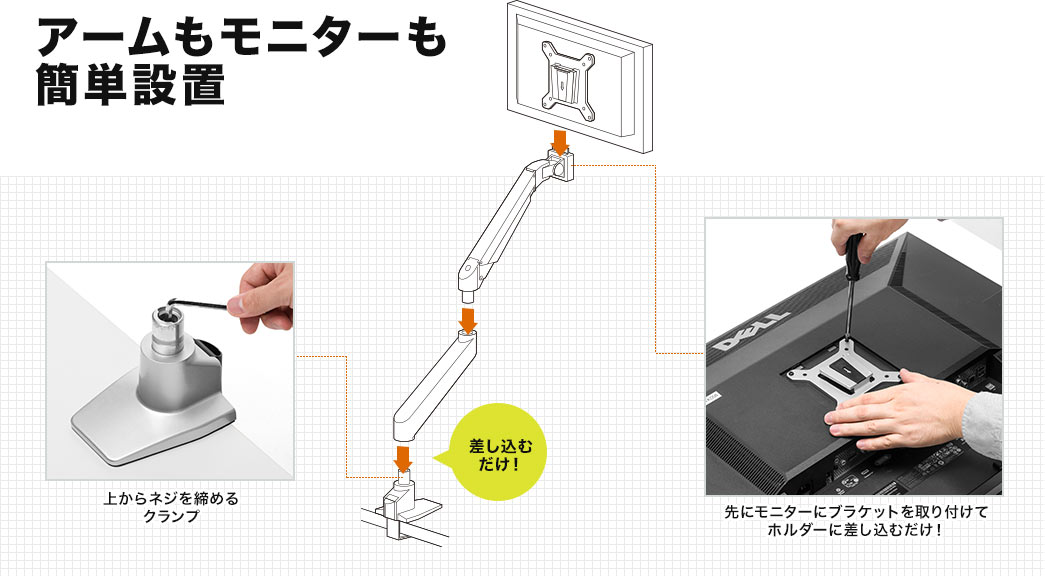 アームもモニターも簡単設置