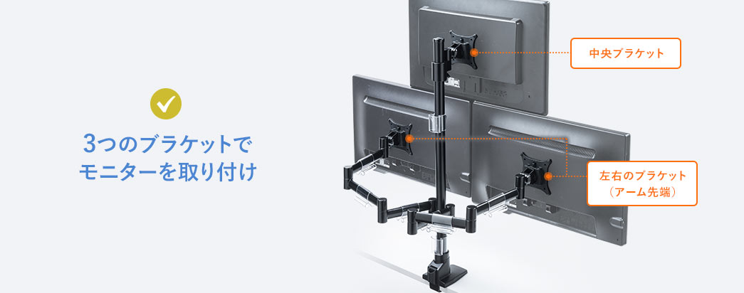 3つのブラケットでモニターを取り付け