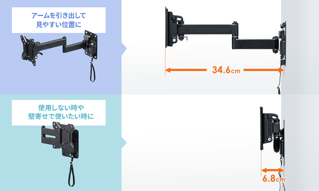 アームを引き出して見やすい位置に 使用しない時や壁寄せで使いたい時に