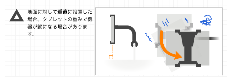 地面に対して垂直に設置した場合、タブレットの重みで機器が縦になる場合があります