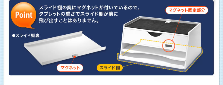 スライド棚の奥にマグネットが付いているので、タブレットの重さでスライド棚が前に飛び出すことはありません。