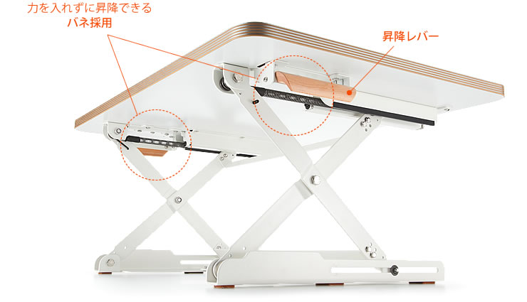 力を入れずに昇降できるバネ採用