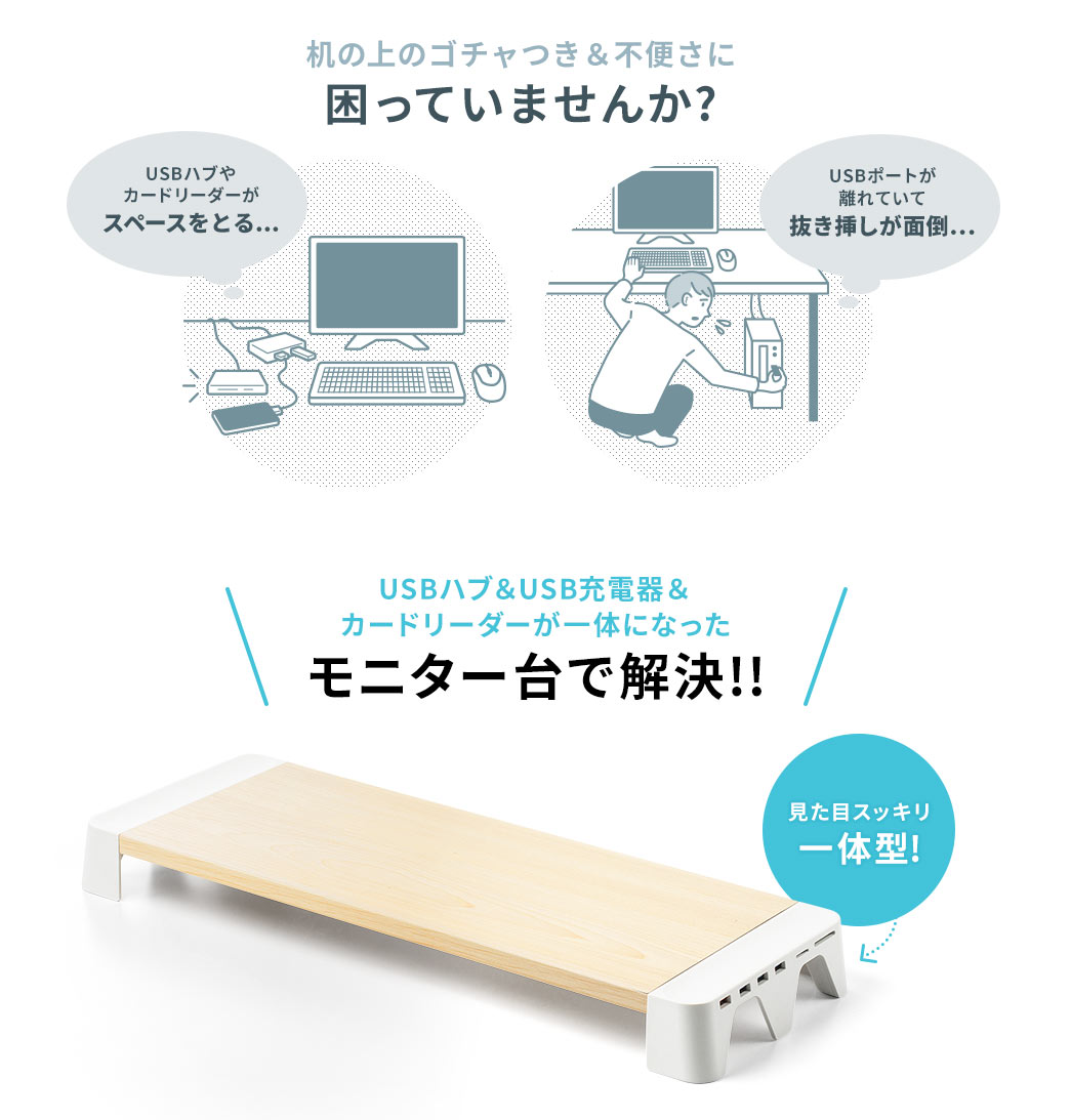 机の上のゴチャつき＆不便さに困っていませんか？ USBハブ＆USB充電器＆カードリーダーが一体になったモニター台で解決