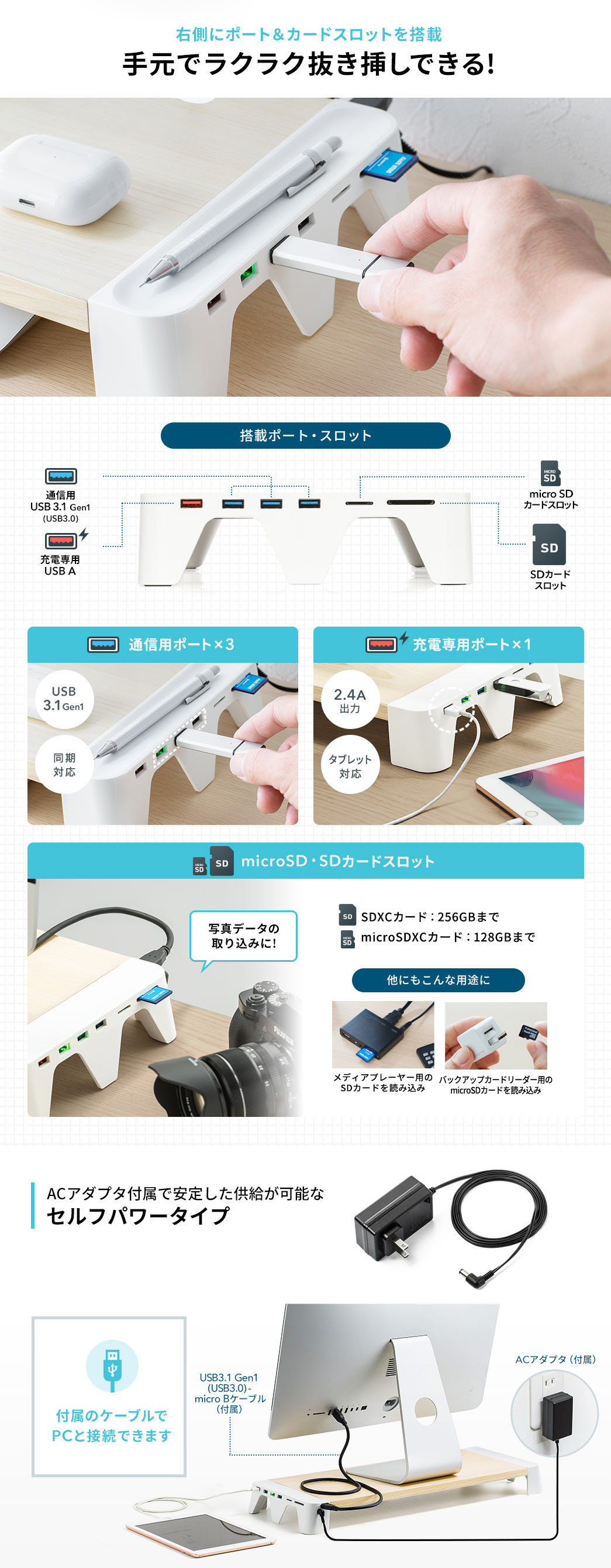 右側にポート＆カードスロット搭載 手元でラクラク抜き挿しできる 通信用ポート×3 充電専用ポート×1 microSD・SDカードスロット セルフパワータイプ