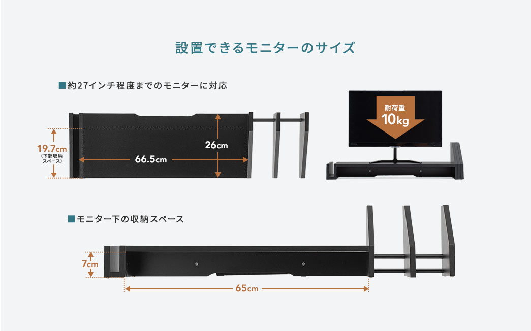 設置できるモニターのサイズ 約27インチ程度までのモニターに対応