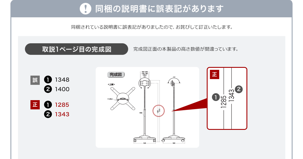 同梱の説明書に誤表記があります