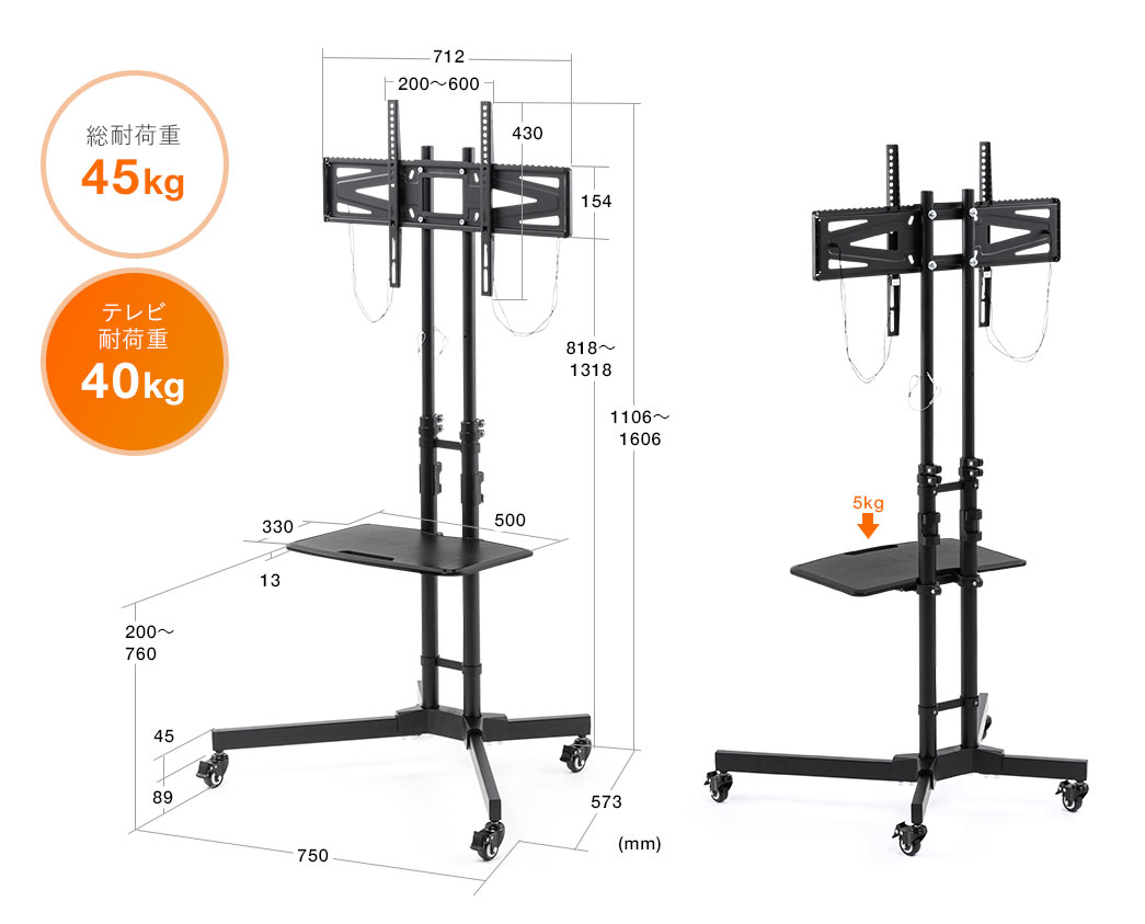 総耐荷重45kg、テレビ耐荷重40kg