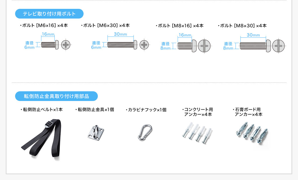 テレビ取り付け用ボルト 転倒防止金具取り付け用部品