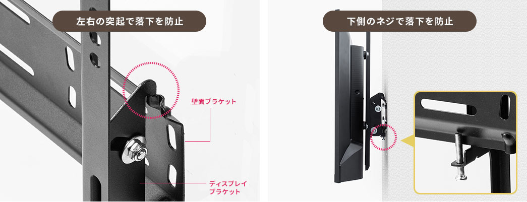 左右の突起で落下を防止 下側のネジで落下を防止