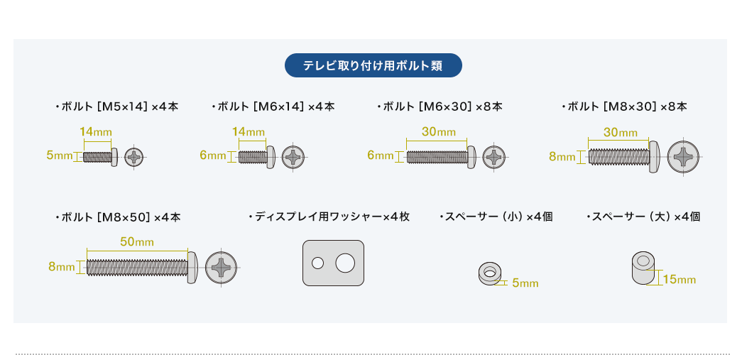 テレビ取り付け用ボルト類 ・ボルト[M5×14]×4本 ・ボルト[M6×14]×4本 ・ボルト[M6×30]×4本 ・ボルト[M8×30]×4本 ・ボルト[M8×50]×4本 ・ディスプレイ用ワッシャー×4枚 ・スペーサー(小)×4個 ・スペーサー(大)×4個