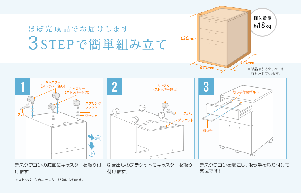 ほぼ完成品でお届けします 3STEPで簡単組み立て