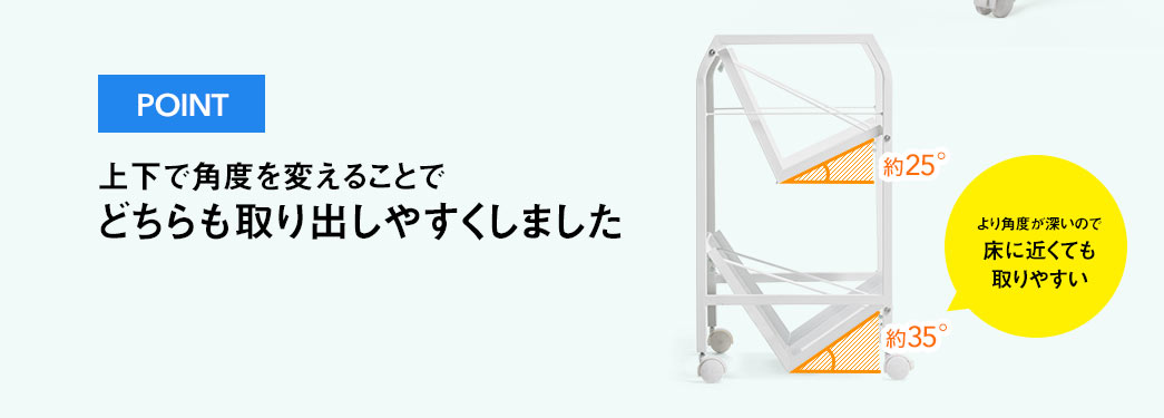 上下で角度を変えることでどちらも取り出しやすくしました