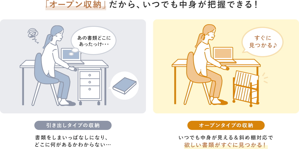 「オープン収納」だから、いつでも中身が把握できる