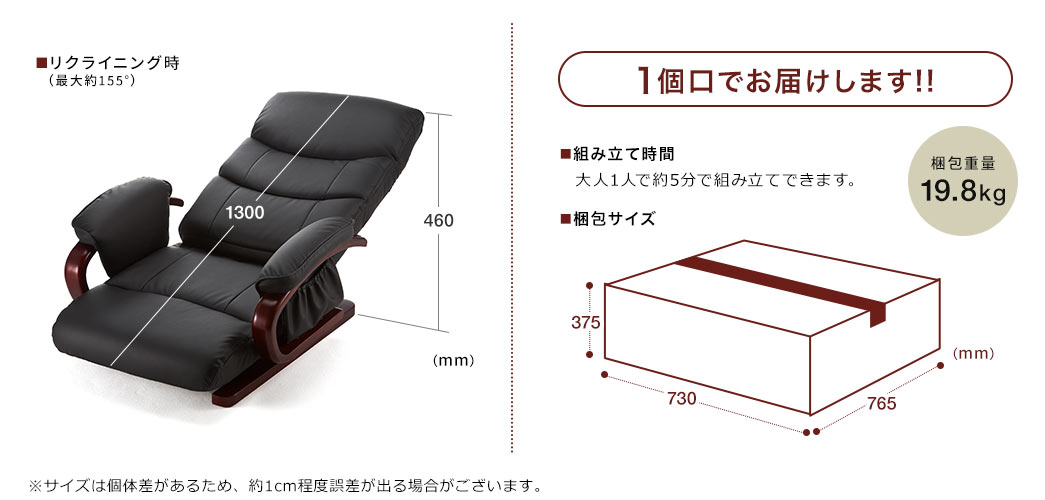 リクライニング時 組み立て時間 梱包サイズ