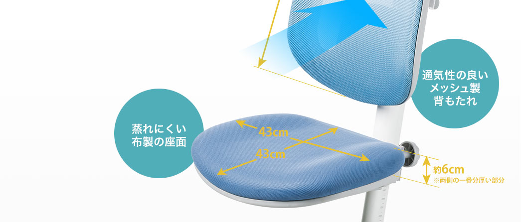 通気性の良いメッシュ製背もたれ 蒸れにくい布製の座面