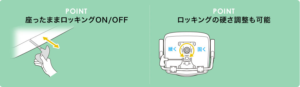 座ったままロッキングON/OFF ロッキングの硬さ調整も可能