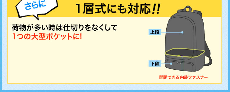 1層式にも対応　荷物が多い時は仕切りをなくして1つの大型ポケットに