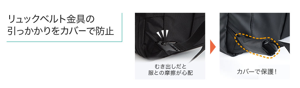 リュックベルト金具の引っかかりをカバーで防止