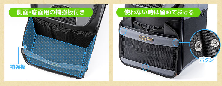 側面・底面用の補強板付き　使わない時は留めておける