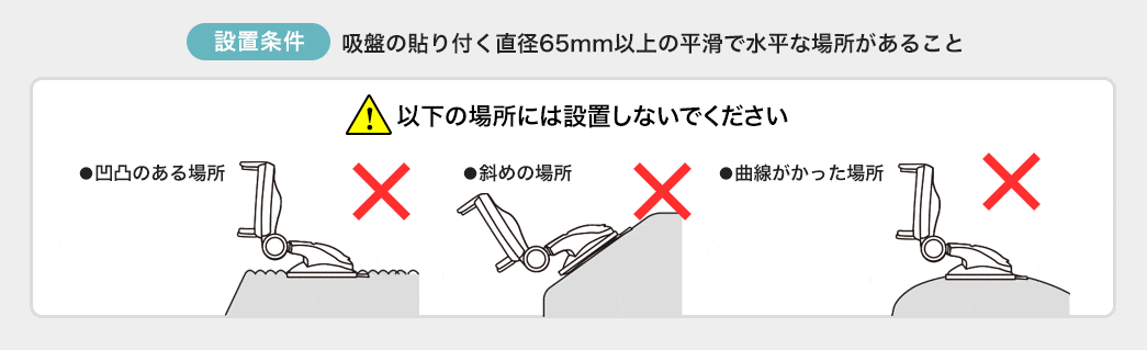 設置条件 吸盤の貼り付く直径65mm以上の平滑で水平な場所であること