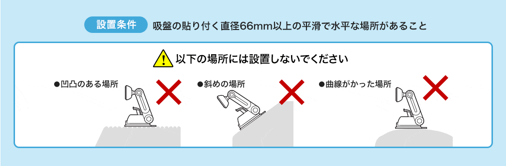 吸盤の貼り付く直径66mm以上の平滑で水平な場所があること