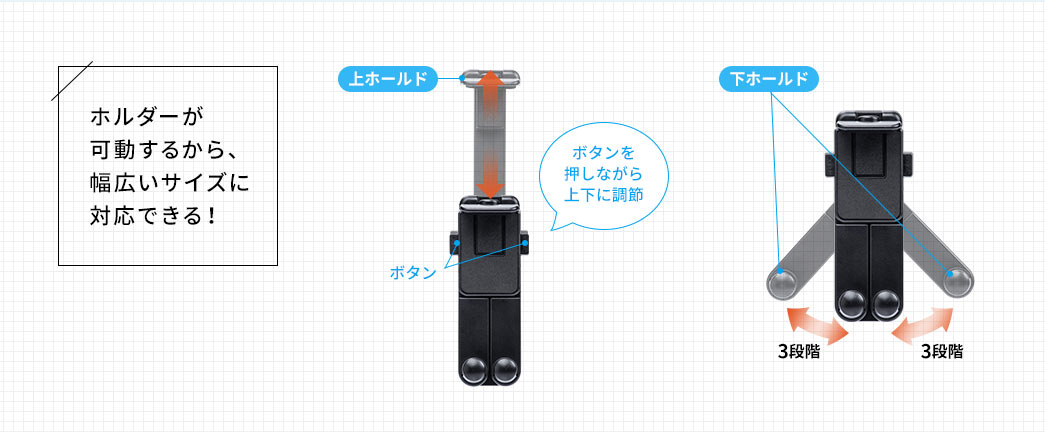 ホルダーが稼働するから、幅広いサイズに対応できる