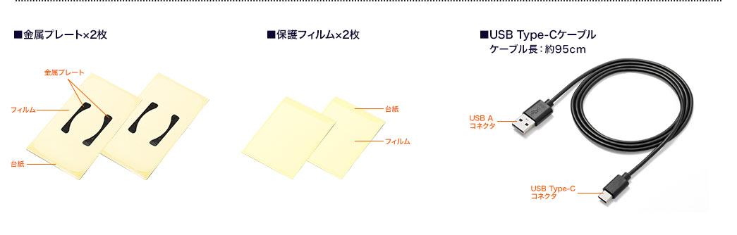 金属プレート×2枚 保護フィルム×2枚 USB Type-Cケーブル