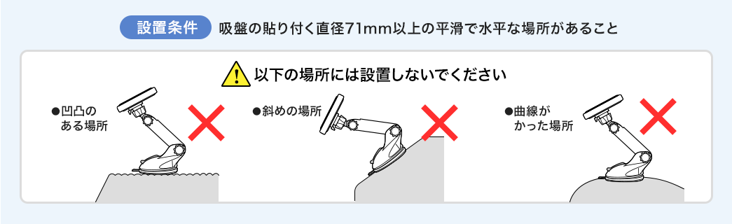 設置条件 吸盤の貼り付く直径71mm以上の平滑で水平な場所があること