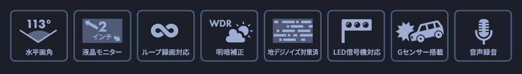 水平角113° 液晶モニター2インチ ループ録画対応 WDR 明暗補正 LED信号機対応 Gセンサー搭載
