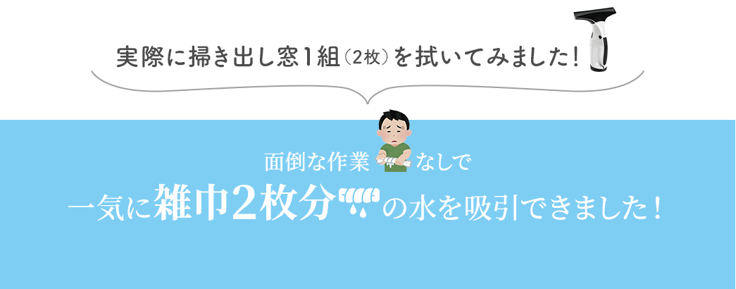 実際に掃き出し窓1組（2枚）を拭いてみました！面倒な作業なしで、一気に雑巾2枚分の水を吸収できました！