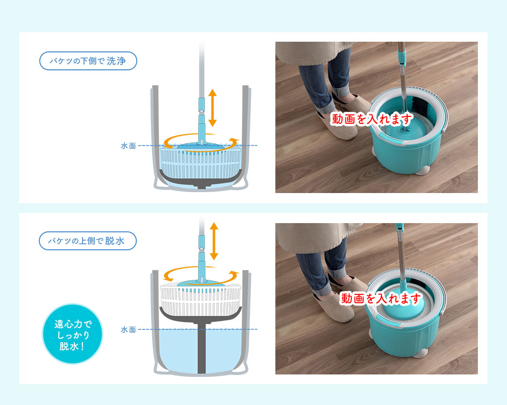 バケツの下側で洗浄 バケツの上側で脱水