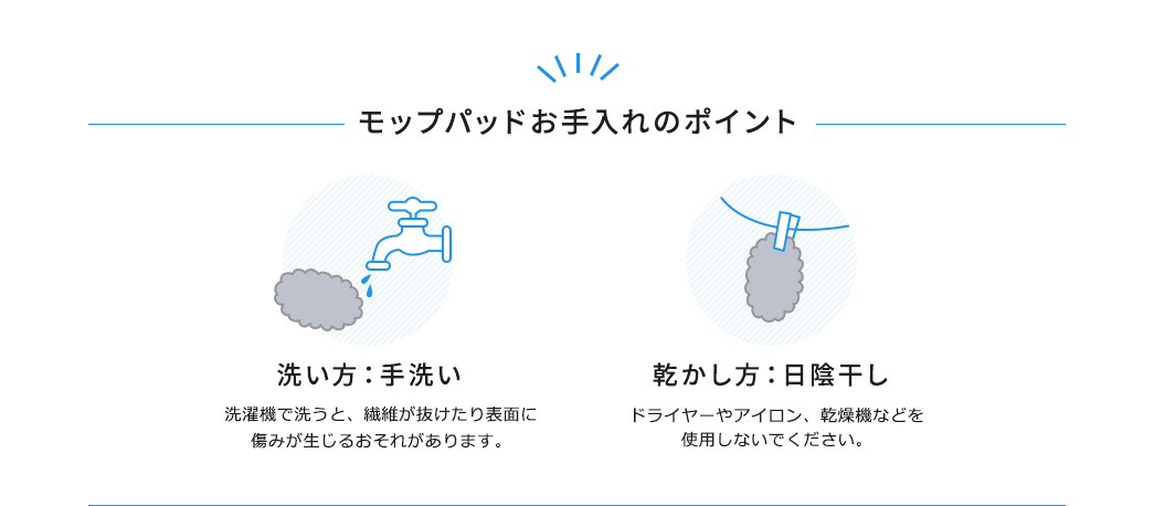 モップパッドお手入れのポイント。洗い方:手洗い、乾かし方:日陰干し