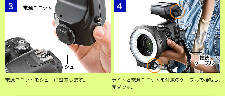 電源ユニットをシューに設置します。ライトと電源ユニットを付属のケーブルで接続し、完成です。