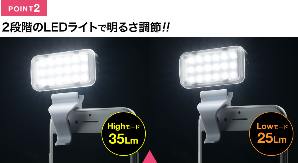 2段階のLEDライトで明るさ調節