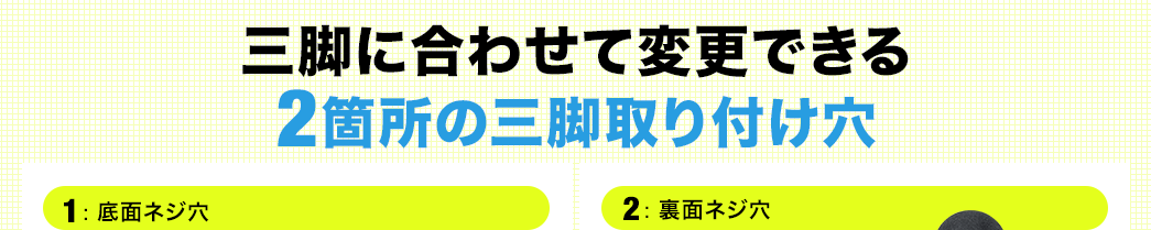 三脚に合わせて変更できる2箇所の三脚取り付け穴