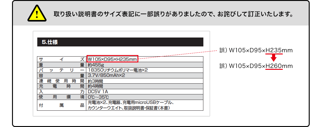 取り扱い説明書のサイズ表記に一部誤りがありましたので、お詫びして訂正いたします